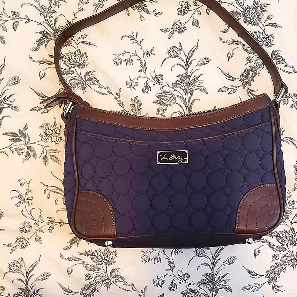 #467 Vera Bradley Navy W/  Brown Leather Trim Shoulder Bag Purse Career Classic